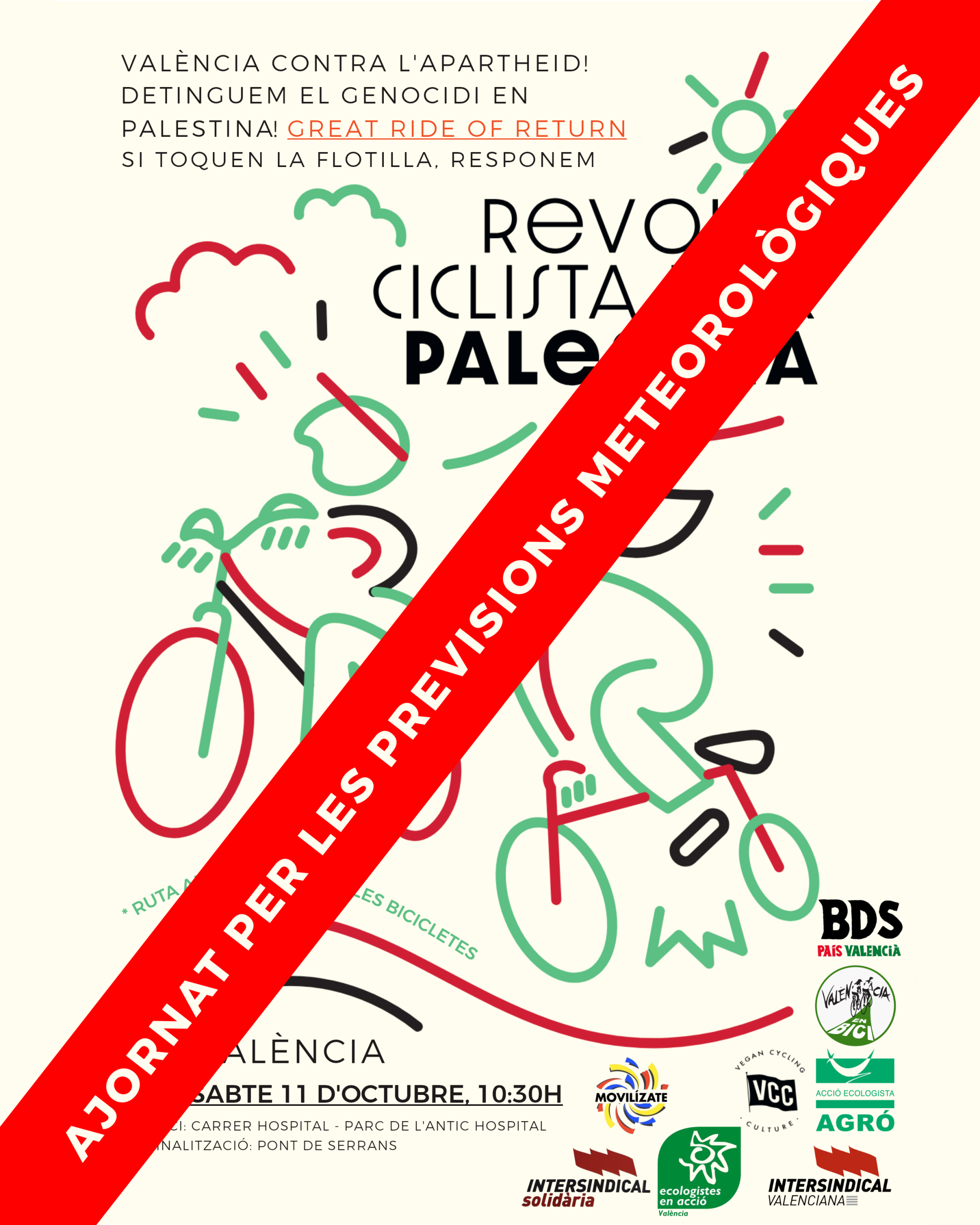 Cartel i missatge de l'ajornament de la Bicifestació en solidaritat amb Palestina del 11 d'ocutbre de 2025 a València